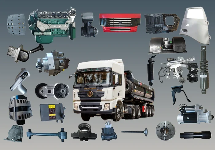 Genuine Shacman engine parts assortment, including various engine components with clear branding and quality craftsmanship