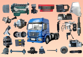 Organized shelves of International truck engine parts