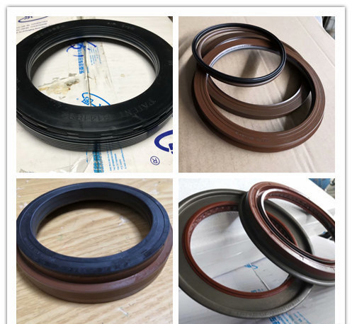 Premium truck oil seals neatly arranged on a workshop workbench, with clear OEM logos, surrounded by basic repair tools—real shot, no AI retouching