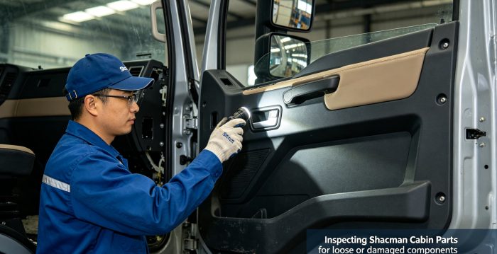 Mechanic inspecting Shacman cabin trim and door handle for wear