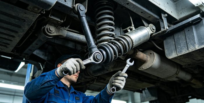 Mechanic inspecting Sinotruk Sitrak chassis bolts and shock absorbers (genuine parts)