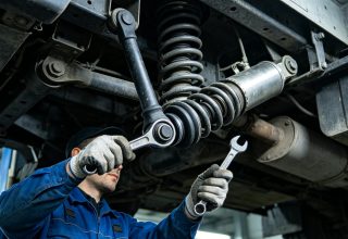 Mechanic inspecting Sinotruk Sitrak chassis bolts and shock absorbers (genuine parts)