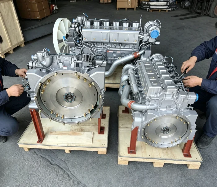 Complete Shacman heavy-duty truck diesel engine on wooden pallet, genuine OEM parts