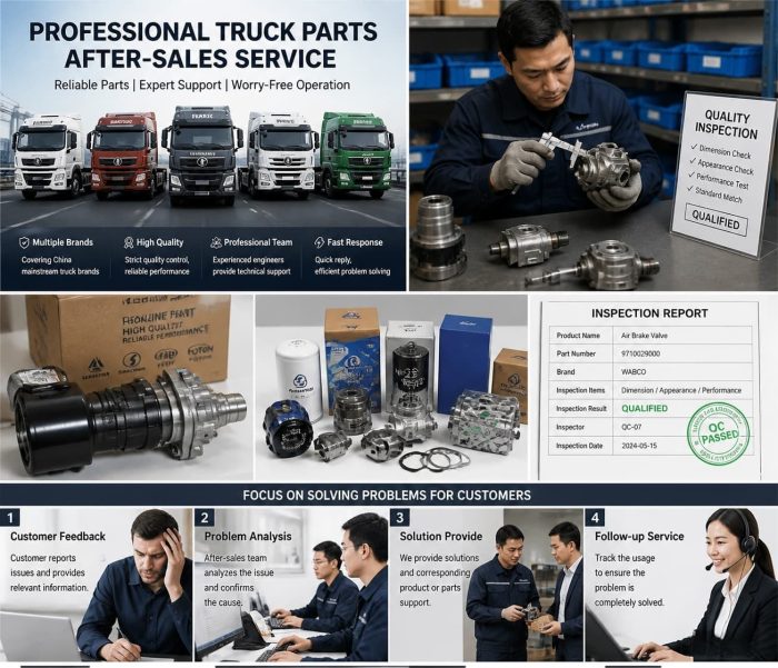 After-sales personnel inspecting high-quality truck parts