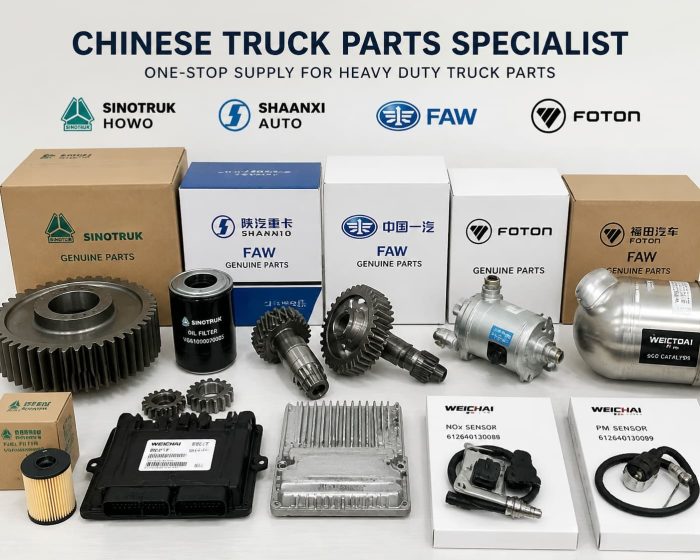 Genuine heavy-duty parts (such as engine gears and aftertreatment components) are neatly arranged.