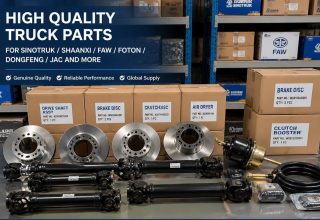 Genuine, high-quality truck parts (such as premium brake discs and drive shafts) are neatly arranged
