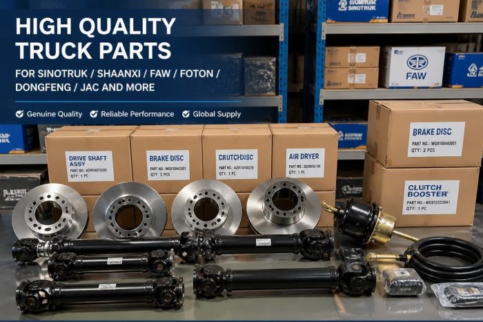 Genuine, high-quality truck parts (such as premium brake discs and drive shafts) are neatly arranged