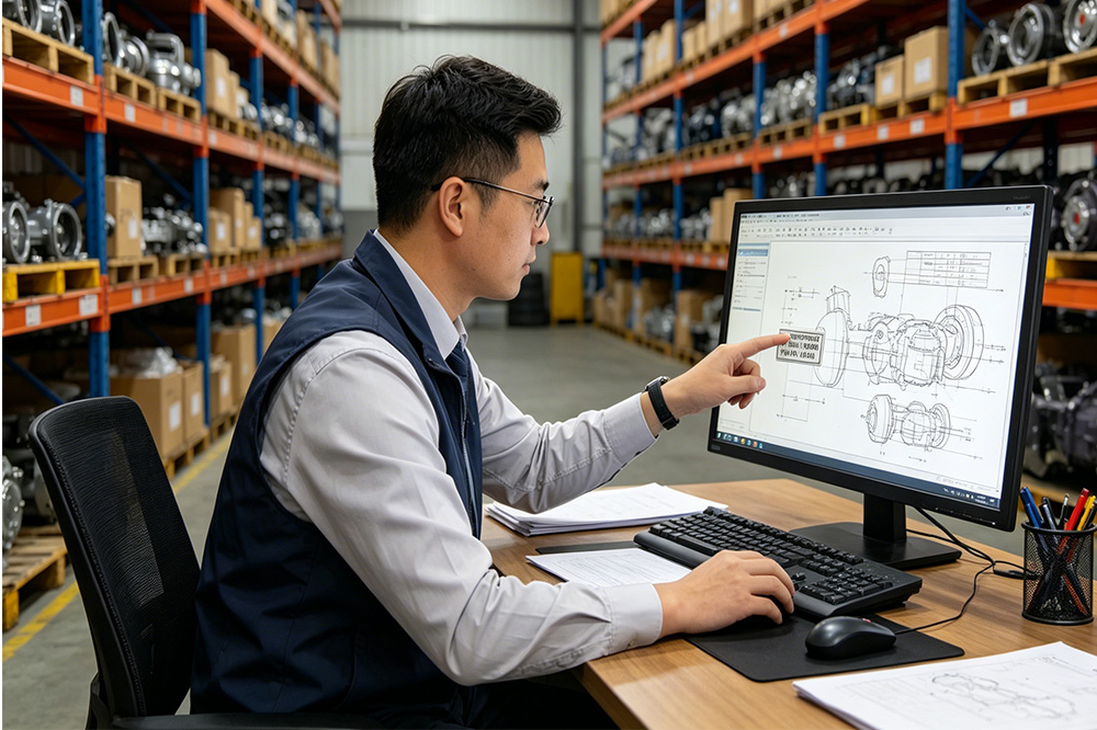 Purchasing manager checking HOWO truck VIN and chassis number for parts matching