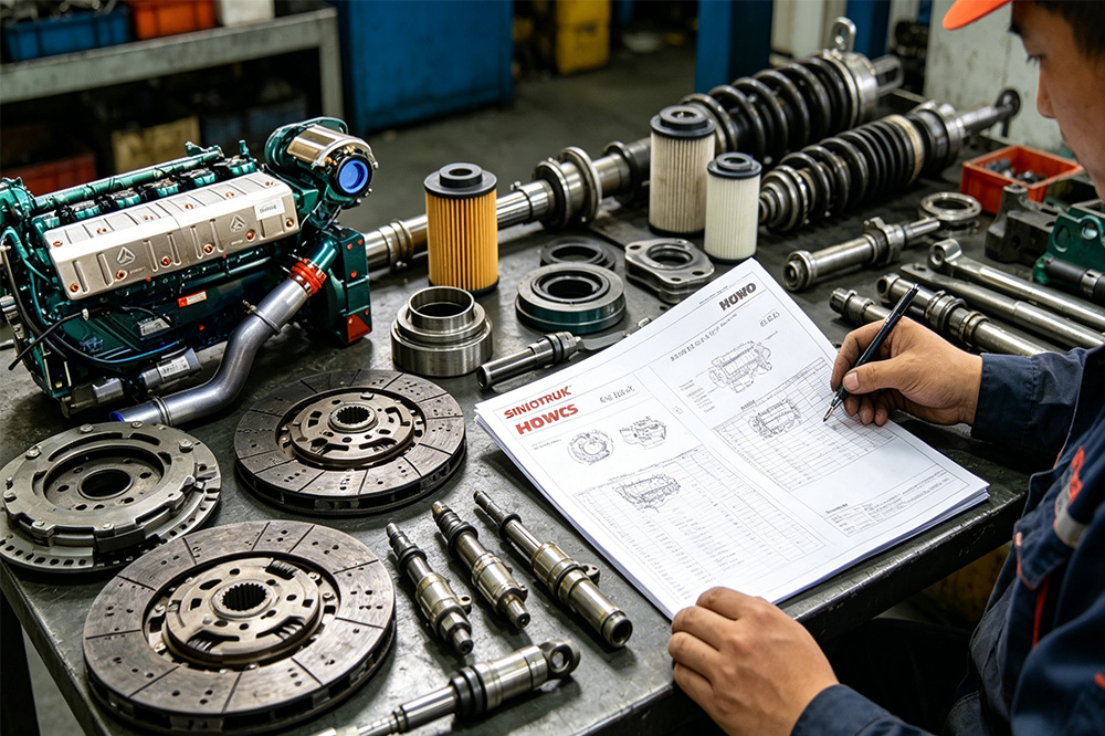 Common SINOTRUK HOWO truck spare parts including engine brake and suspension components