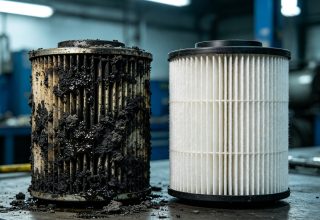 Clogged oily breather filter vs new clean filter