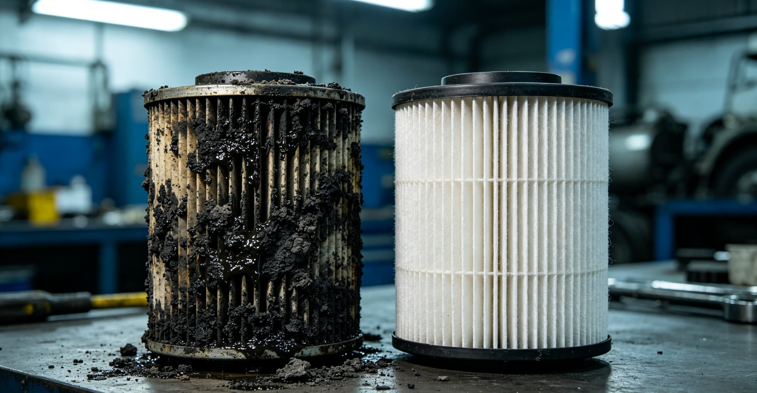 Clogged oily breather filter vs new clean filter
