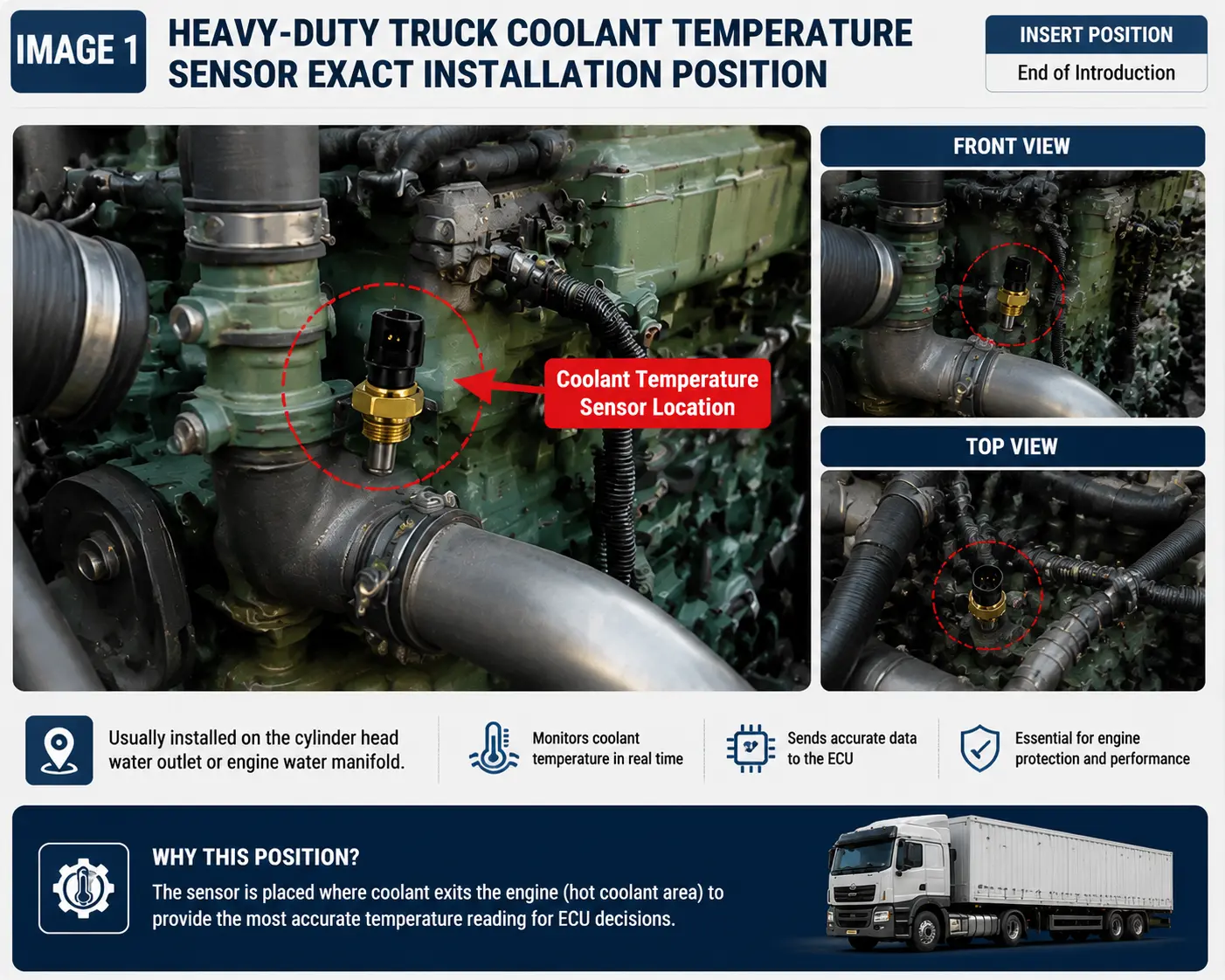 Heavy-Duty Truck Coolant Temperature Sensor Exact Installation Position