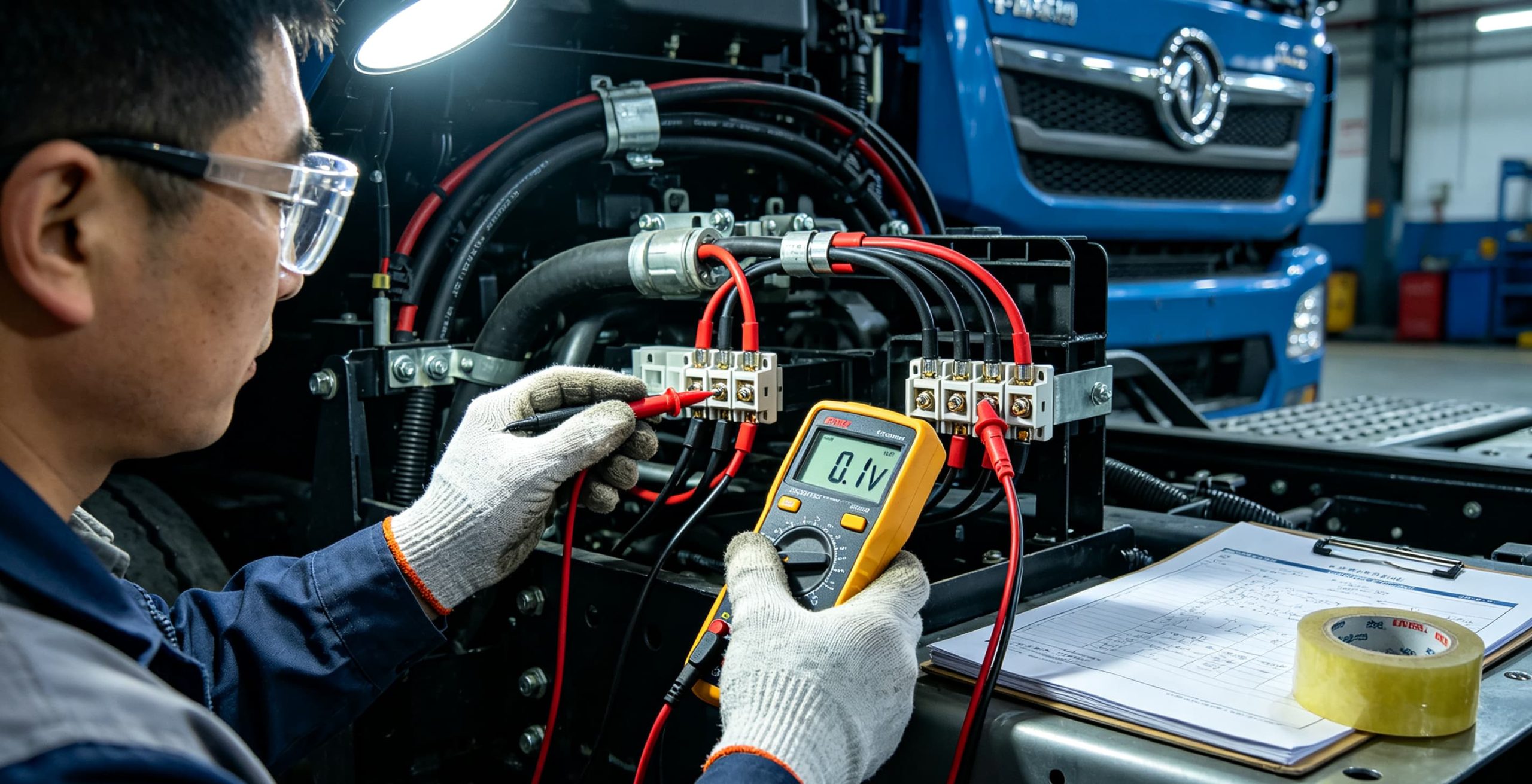 Mechanic-Performing-Voltage-Drop-Test-on-Wiring-Harness