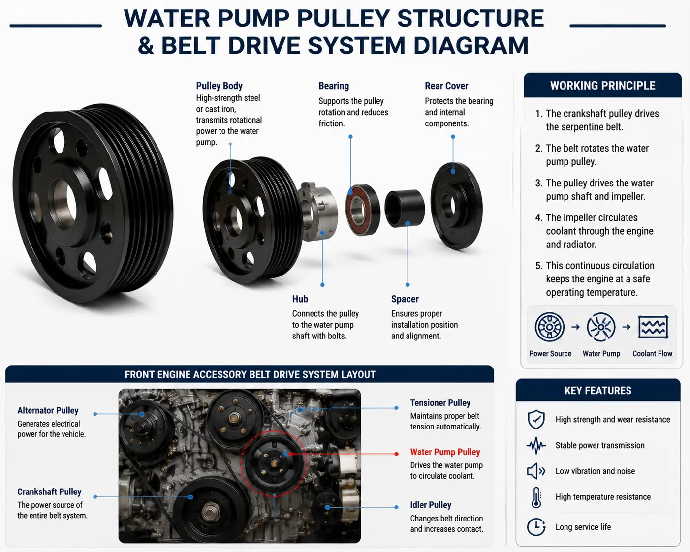 Water Pump Pulley Structure & Belt Drive System Diagram