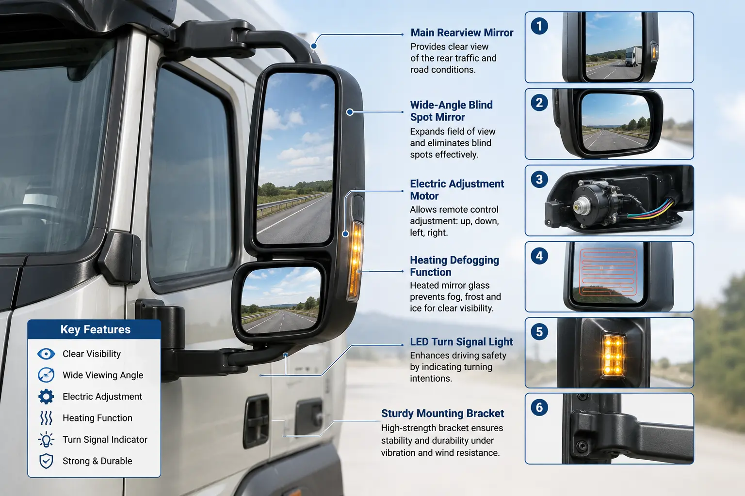 Heavy Duty Truck Mirror Assembly Structure and Components