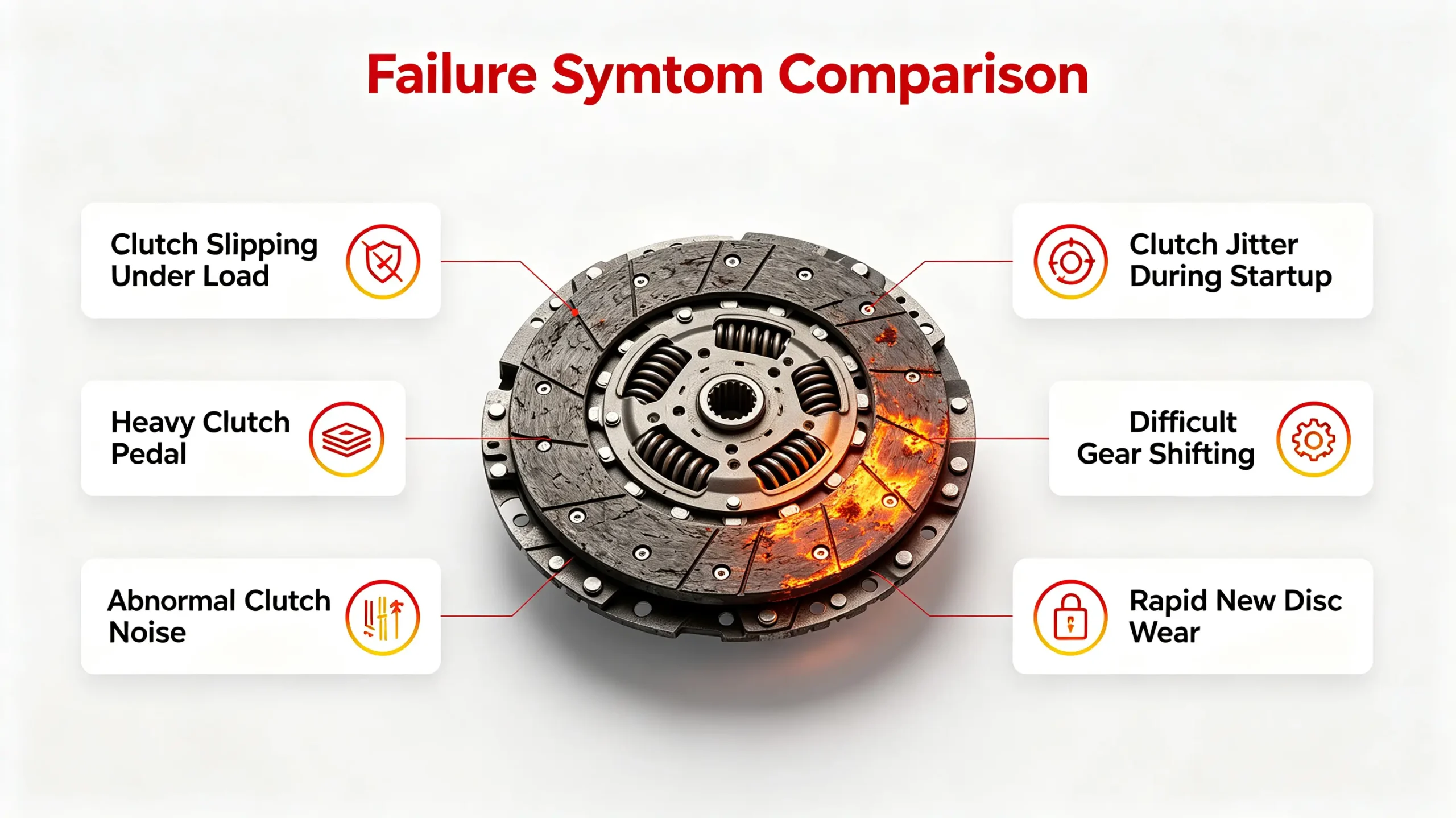Common heavy duty truck clutch pressure plate failure symptoms including slipping, jitter and abnormal noise