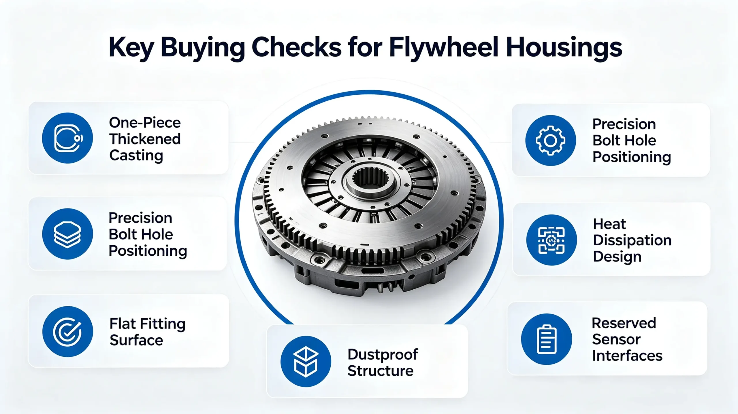 Close-up of qualified cast iron flywheel housing, displaying smooth mating surface and precision bolt holes