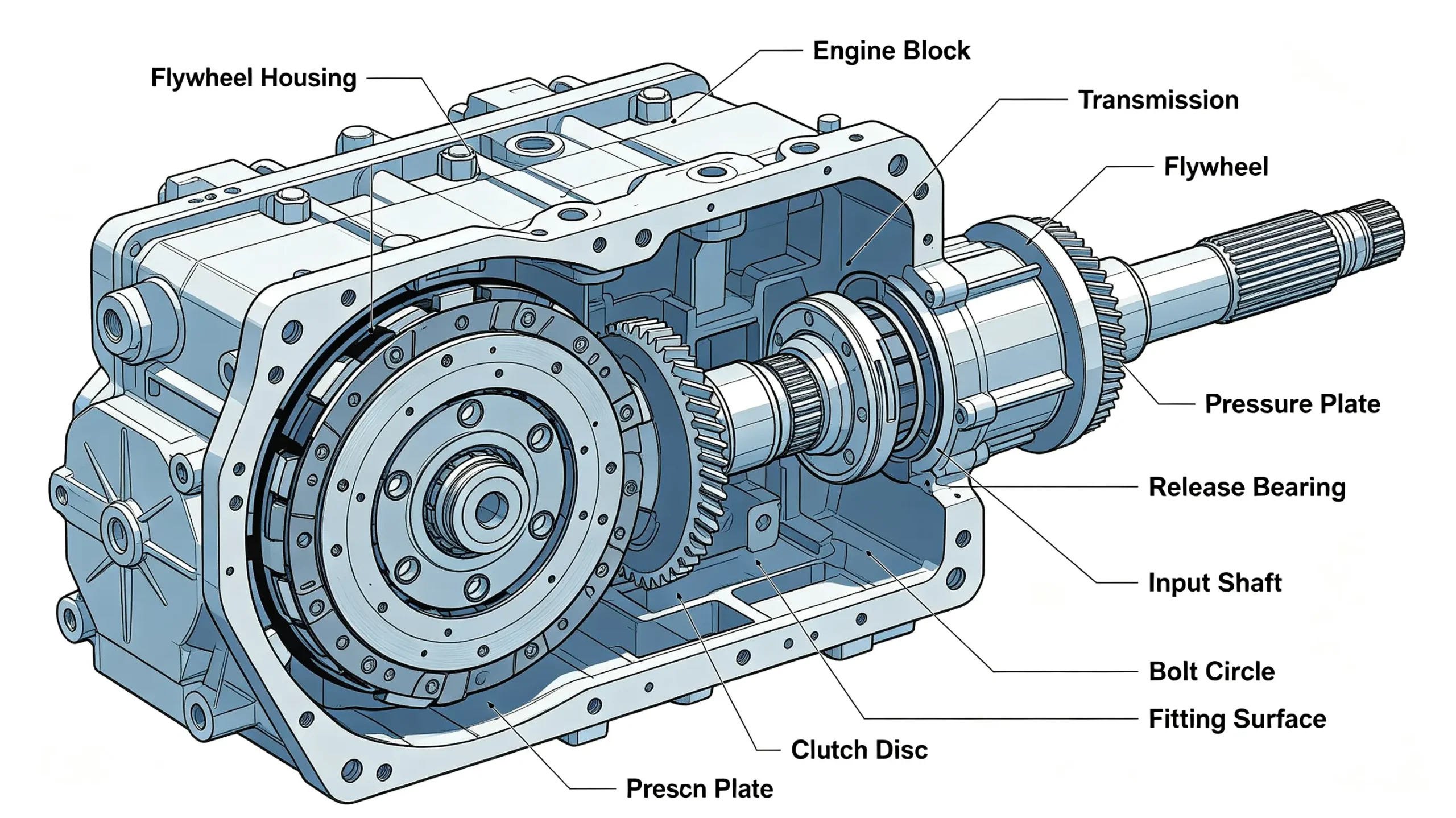 Heavy duty truck flywheel housing assembly diagram, showing the connection position between engine and transmission