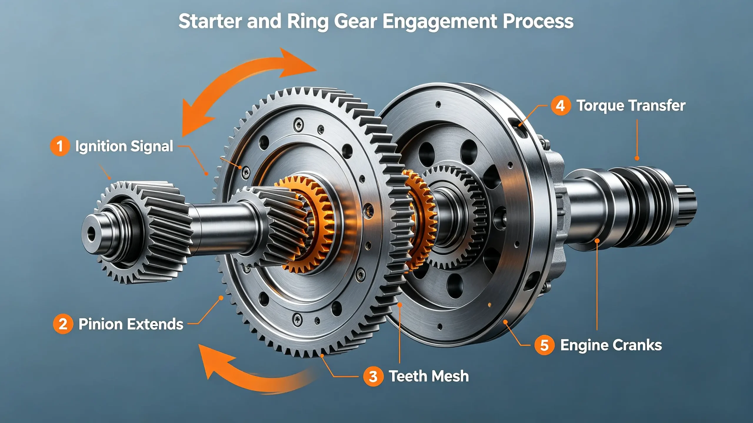 Diagram showing starter pinion gear engagement with flywheel ring gear