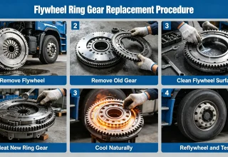Heating and press fitting flywheel ring gear onto heavy truck flywheel
