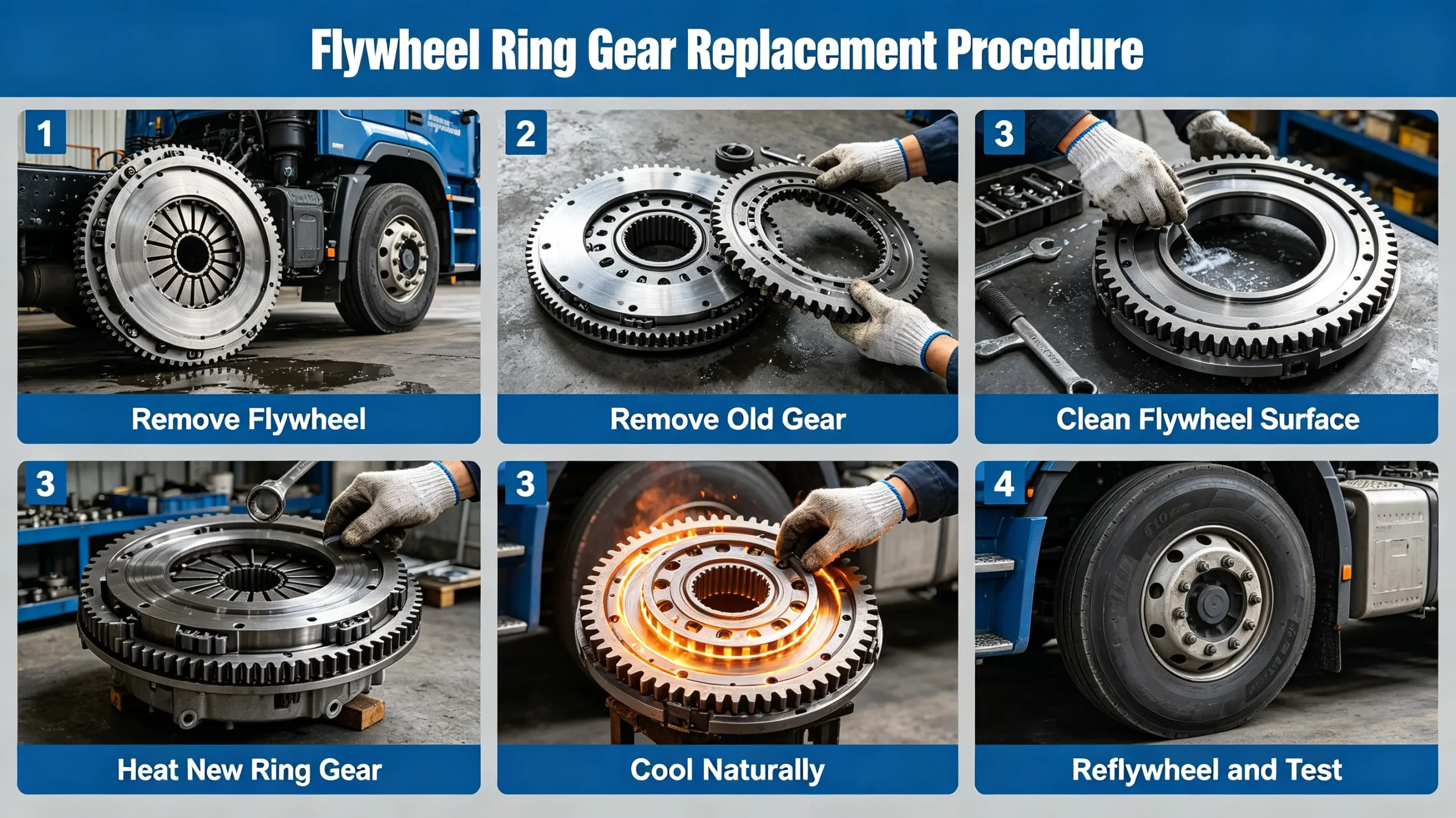 Heating and press fitting flywheel ring gear onto heavy truck flywheel