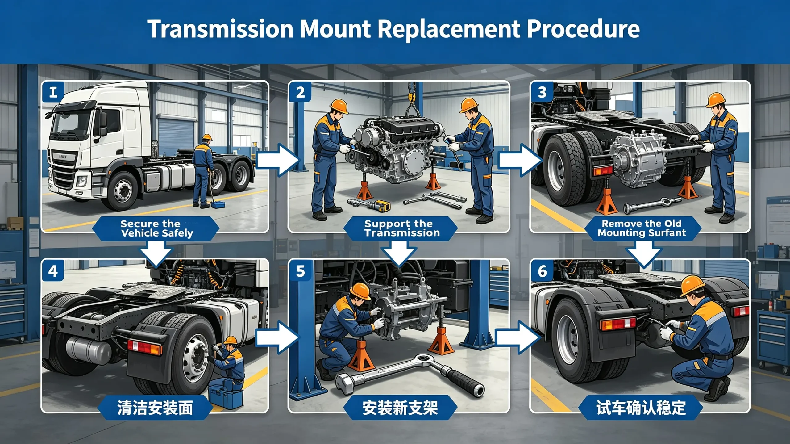 Step-by-step heavy truck transmission mount replacement installation diagram