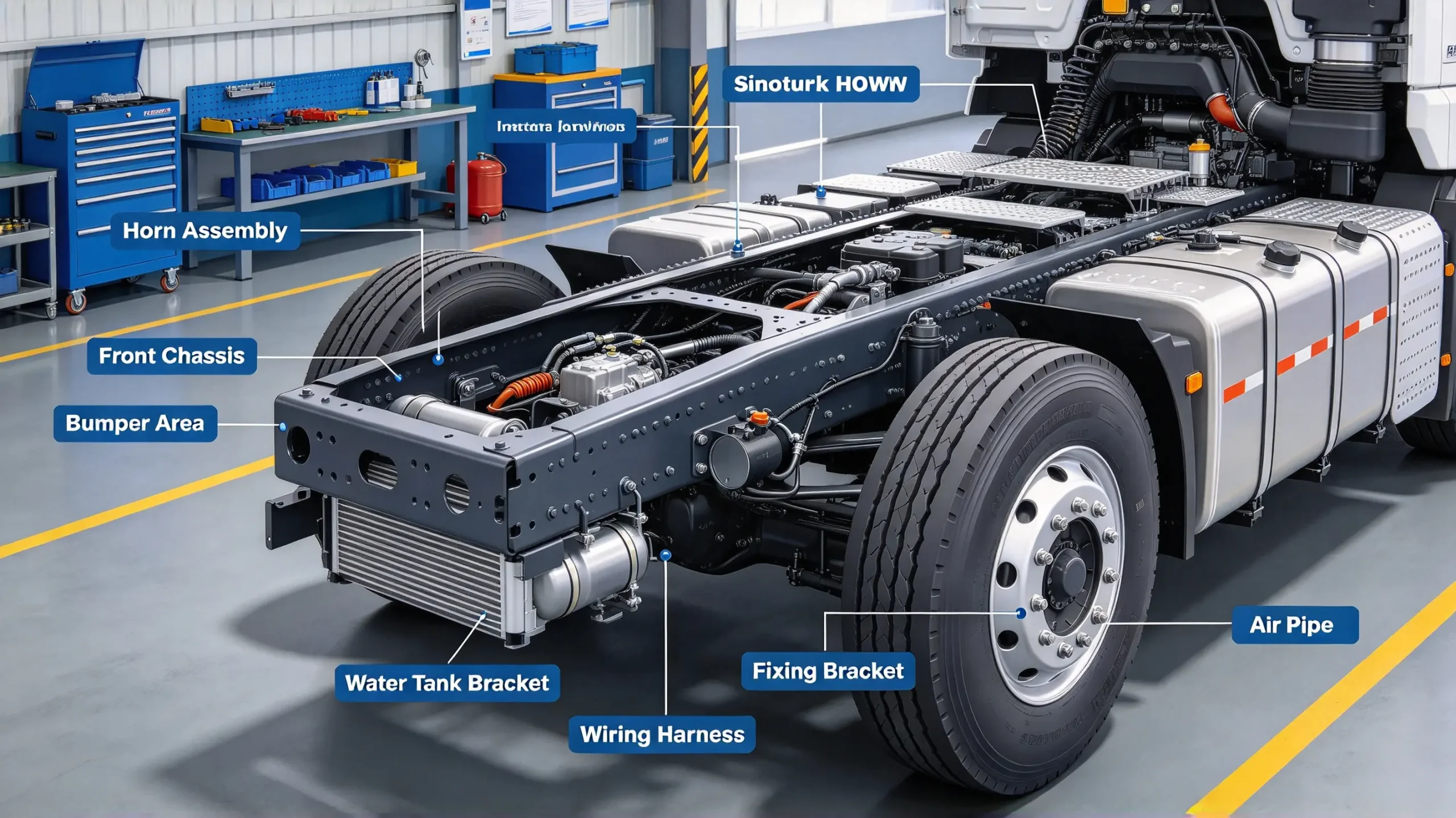 Sinotruk HOWO truck horn assembly mounted on front chassis near bumper
