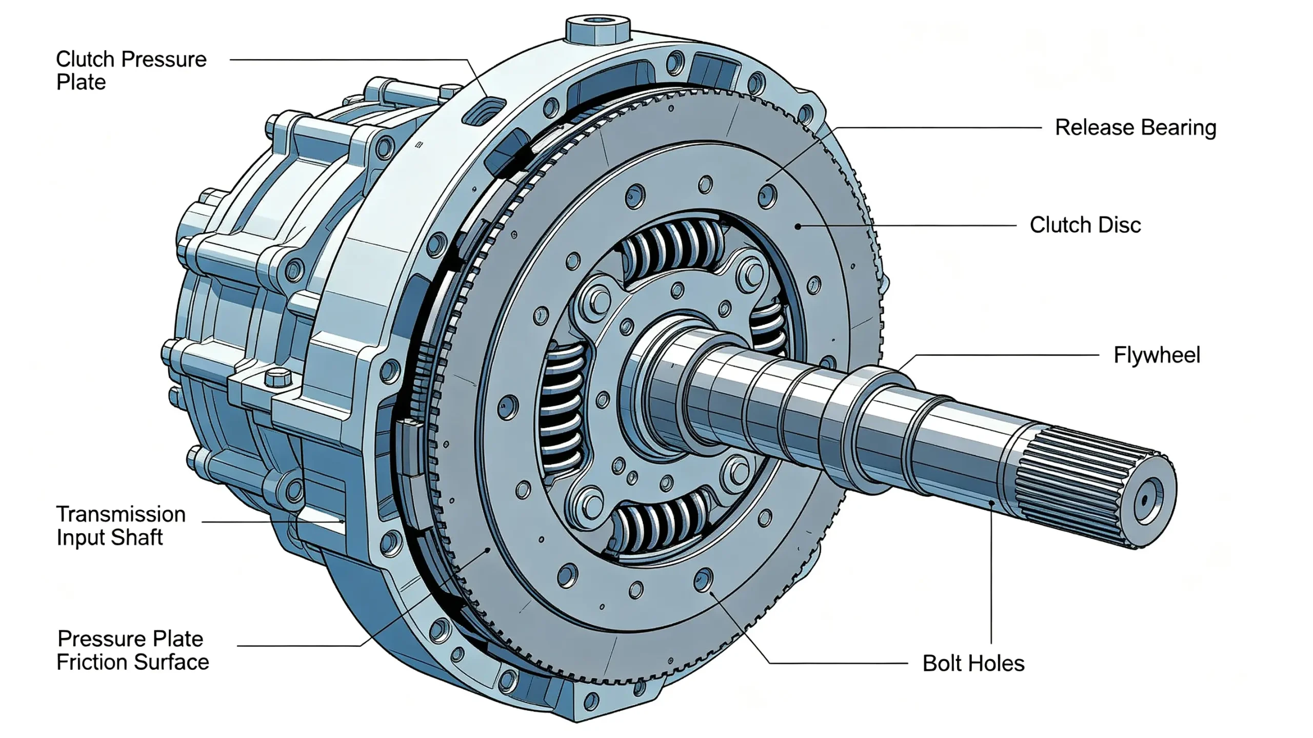 Heavy duty truck clutch pressure plate assembly mounted on engine flywheel