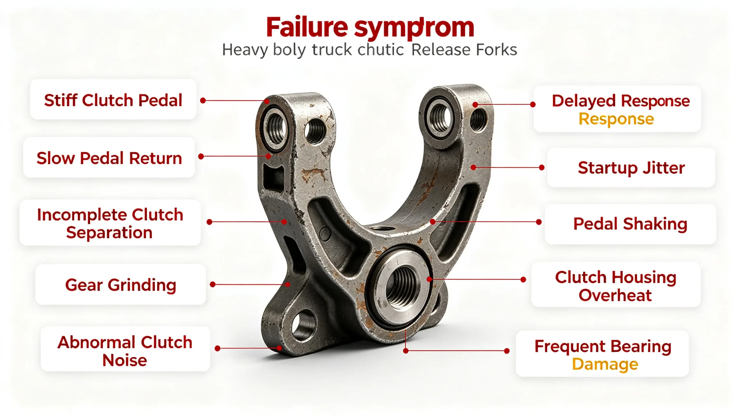 Common failure symptoms of bad truck clutch release fork including stiff pedal, gear grinding and abnormal noise