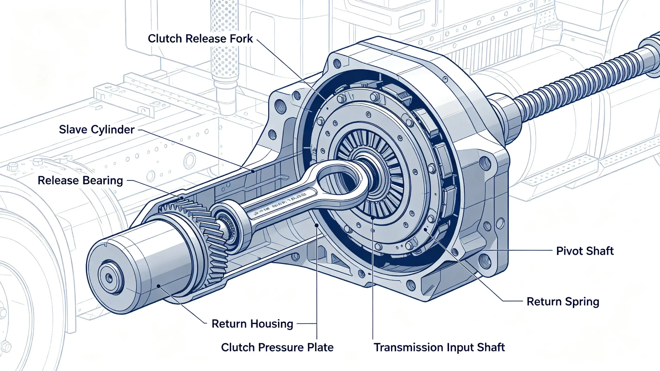 Heavy duty truck clutch release fork installed inside clutch housing with release bearing and slave cylinder
