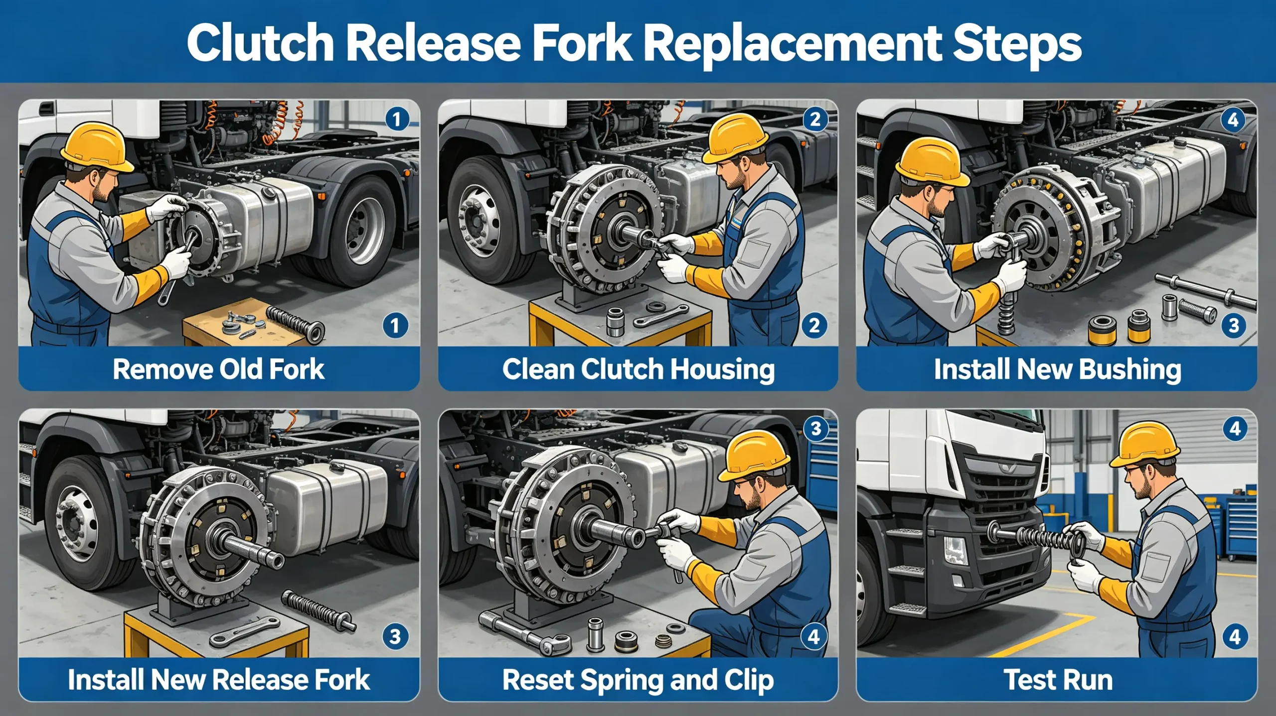 Step by step replacement process for heavy duty truck clutch release fork