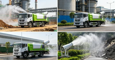 Water spray truck working on construction site for dust suppression and road cleaning