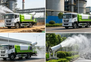 Water spray truck working on construction site for dust suppression and road cleaning
