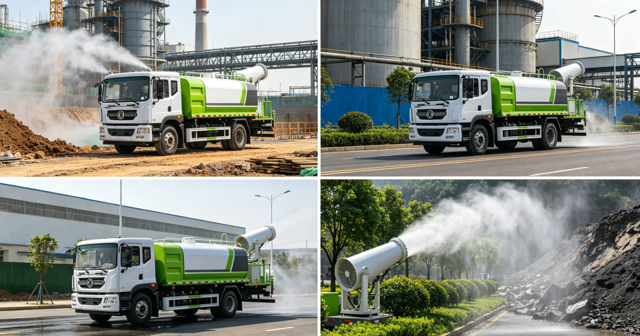 Water spray truck working on construction site for dust suppression and road cleaning