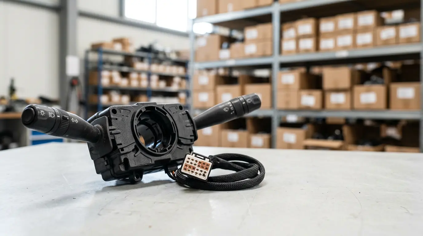 Heavy truck combination switch with turn signal and wiper stalks on a workbench in a parts warehouse