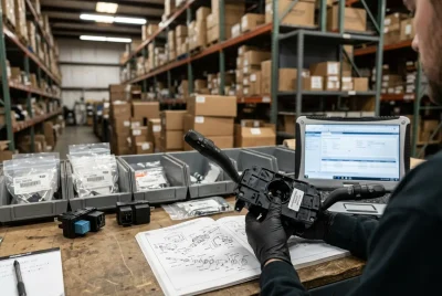 Specialist checking OEM part number label on a truck combination switch against a parts catalog