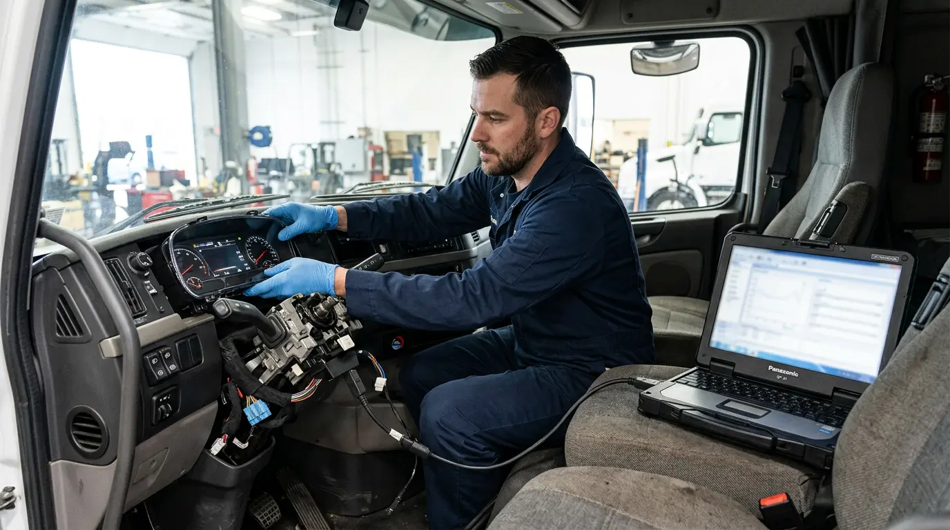 Technician installing a new instrument cluster and combination switch area in a heavy truck dashboard
