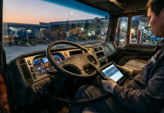 Heavy truck instrument cluster running a self-test while a technician checks it with a diagnostic tool