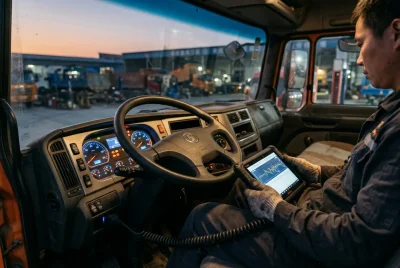 Heavy truck instrument cluster running a self-test while a technician checks it with a diagnostic tool