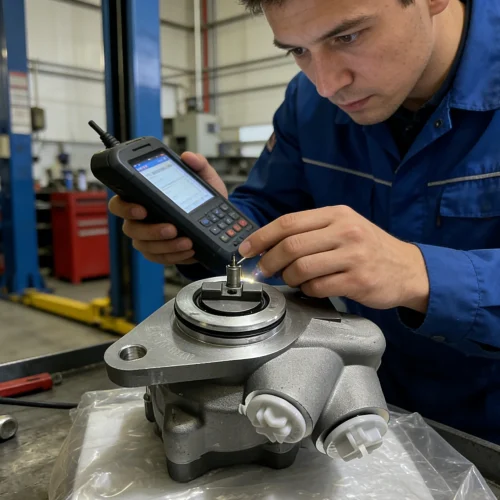 Technician Inspecting Truck Power Steering Pump