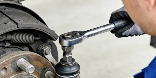 Technician inspecting heavy truck ball joint